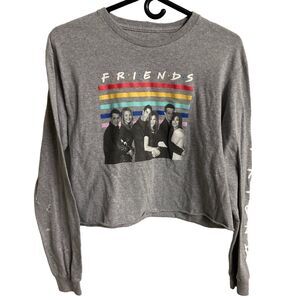 Friends Show T-Shirt Womens Medium Gray Long Sleeved Cropped Graphic Rainbow